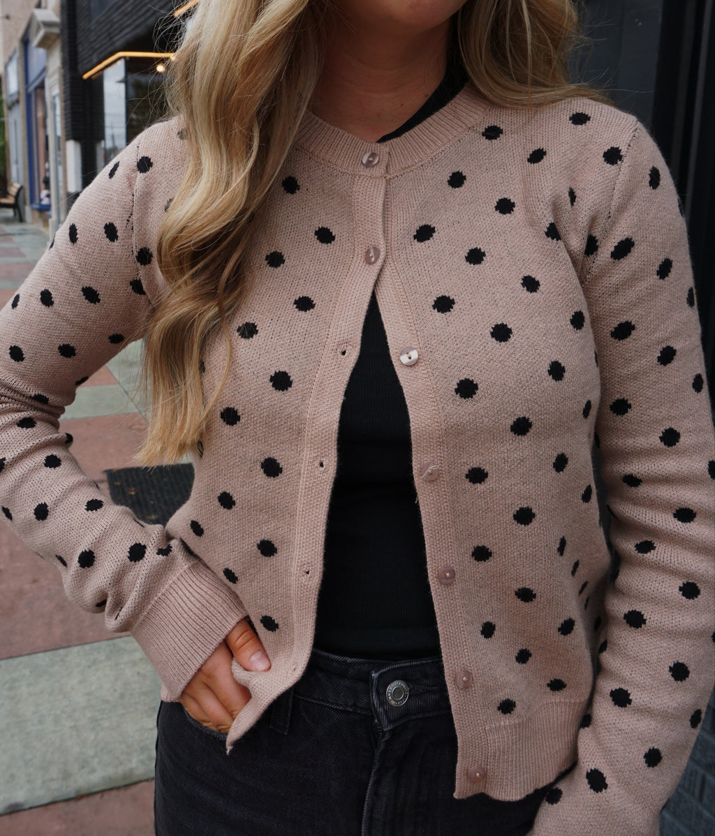 The Tatum Tan Polka Dot Cardigan