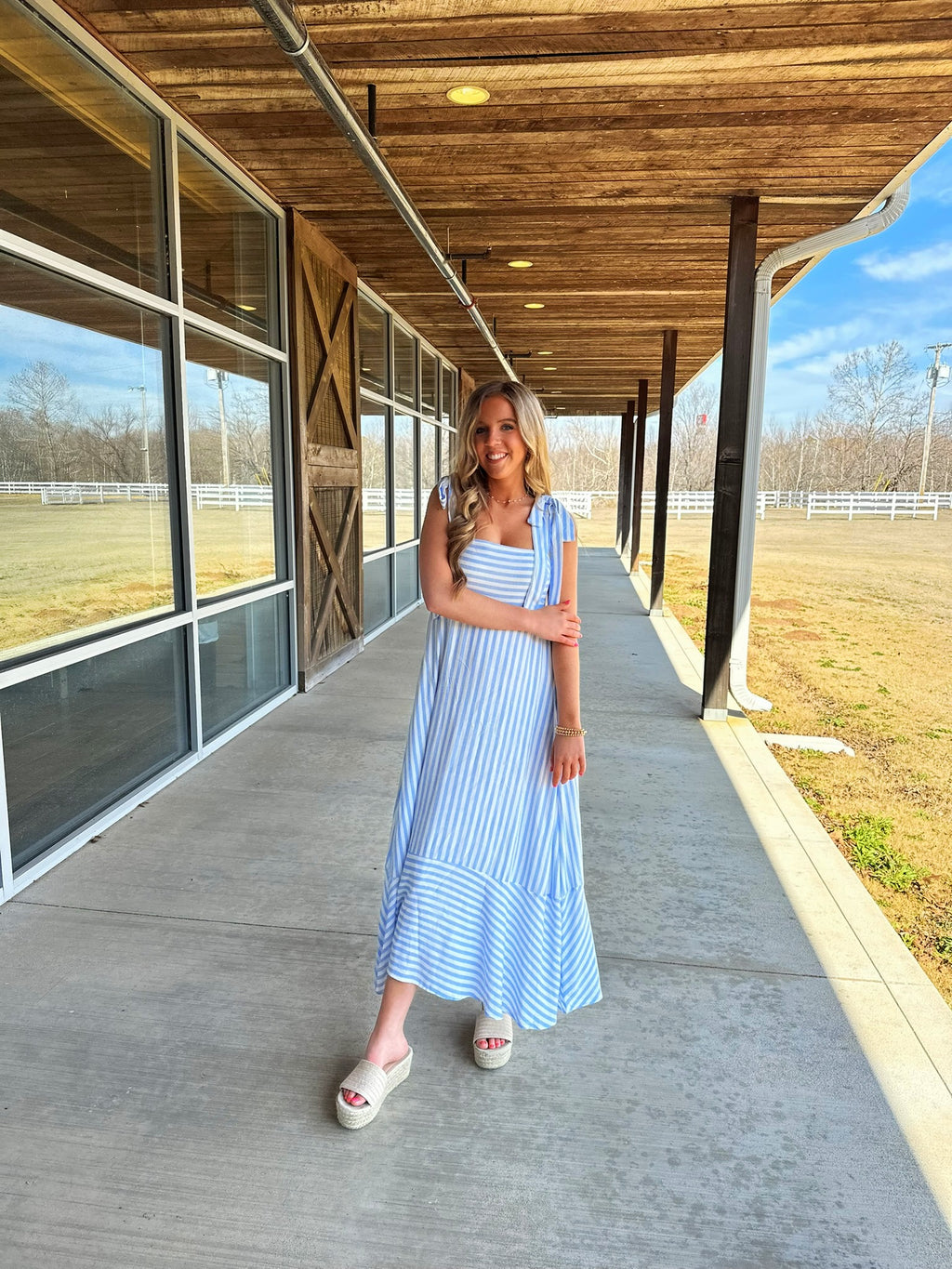 Blue and white striped flowy dress spring 2025 fashion perfect for baby shower easter dress 