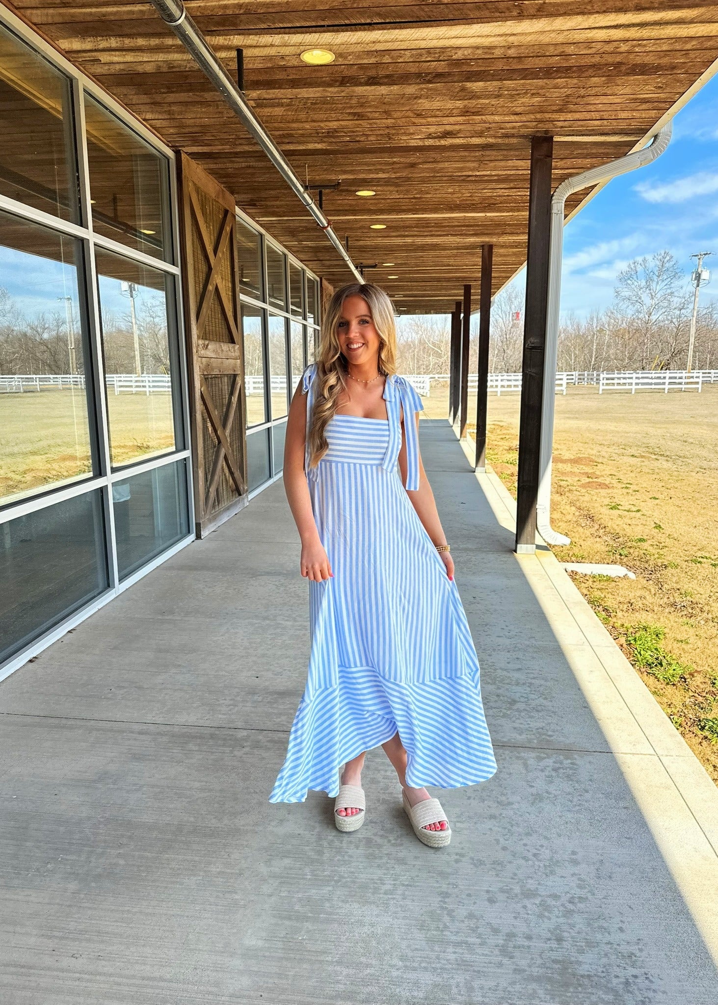 Blue and white striped flowy dress spring 2025 fashion perfect for baby shower easter dress 