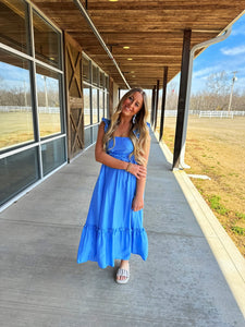 Vibrant blue long dress classy for easter date night or spring 2025 fashion 