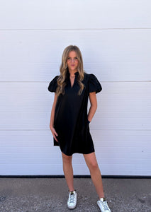 The Kaylee Black Pleather Puff Sleeve Dress