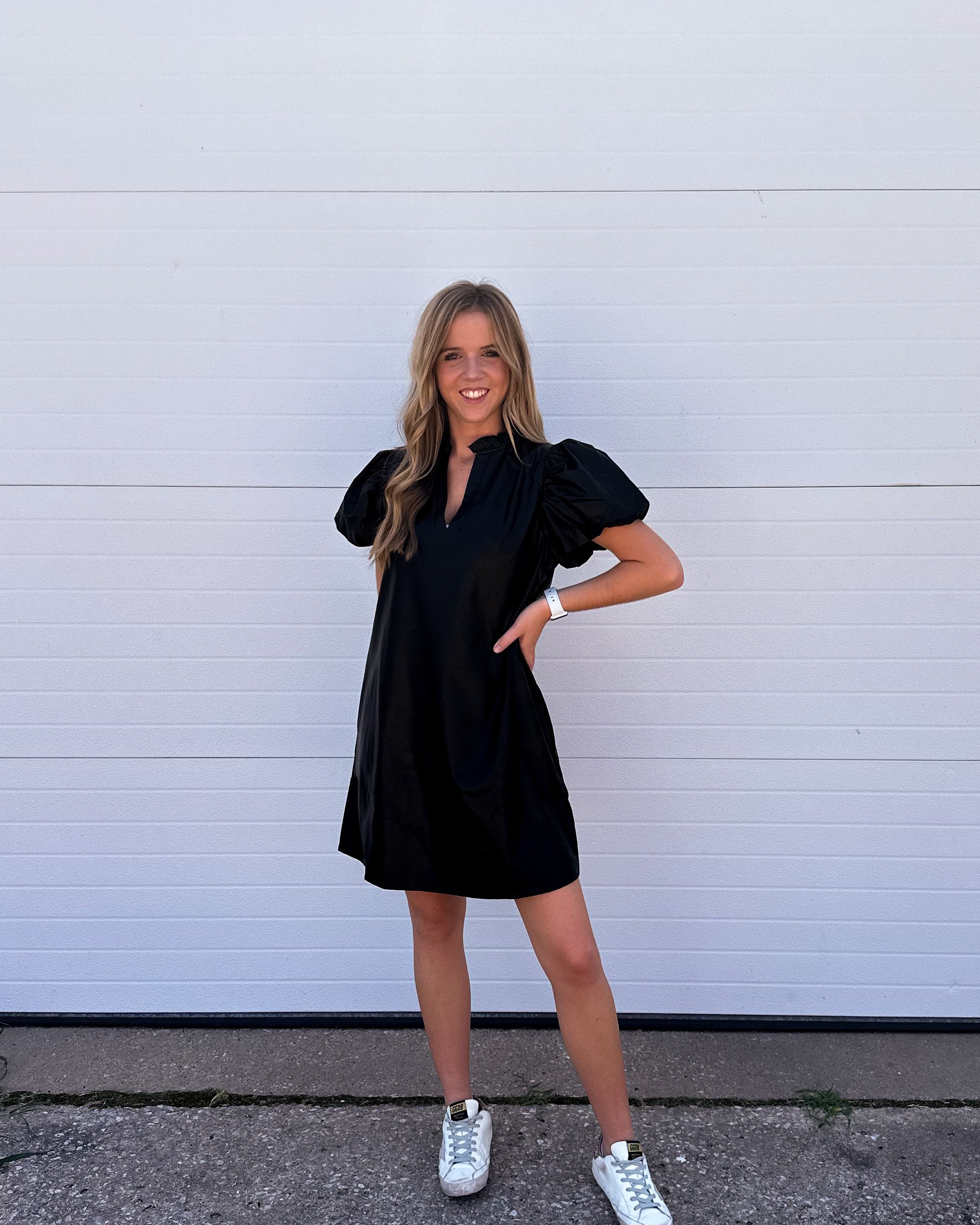 The Kaylee Black Pleather Puff Sleeve Dress