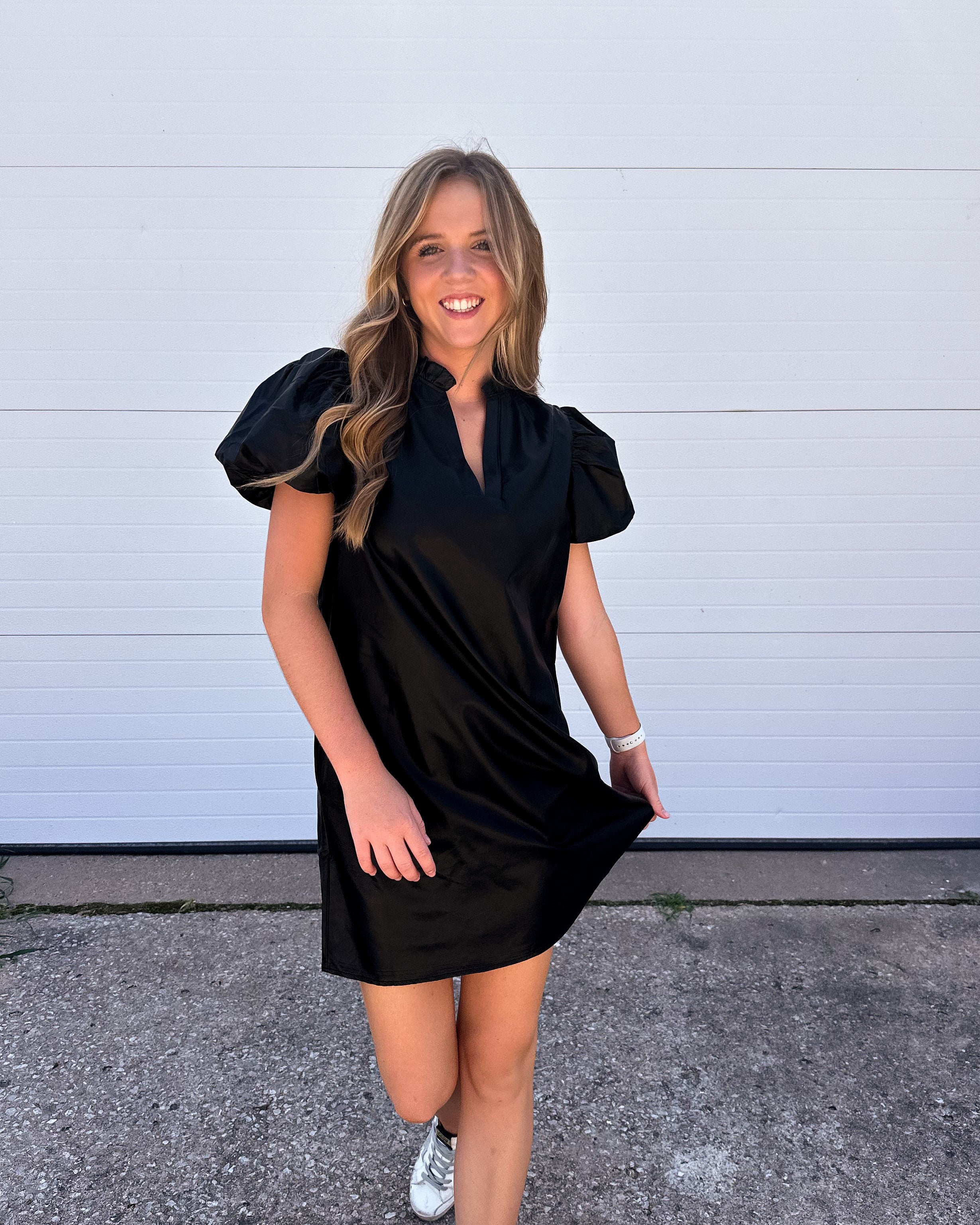 The Kaylee Black Pleather Puff Sleeve Dress